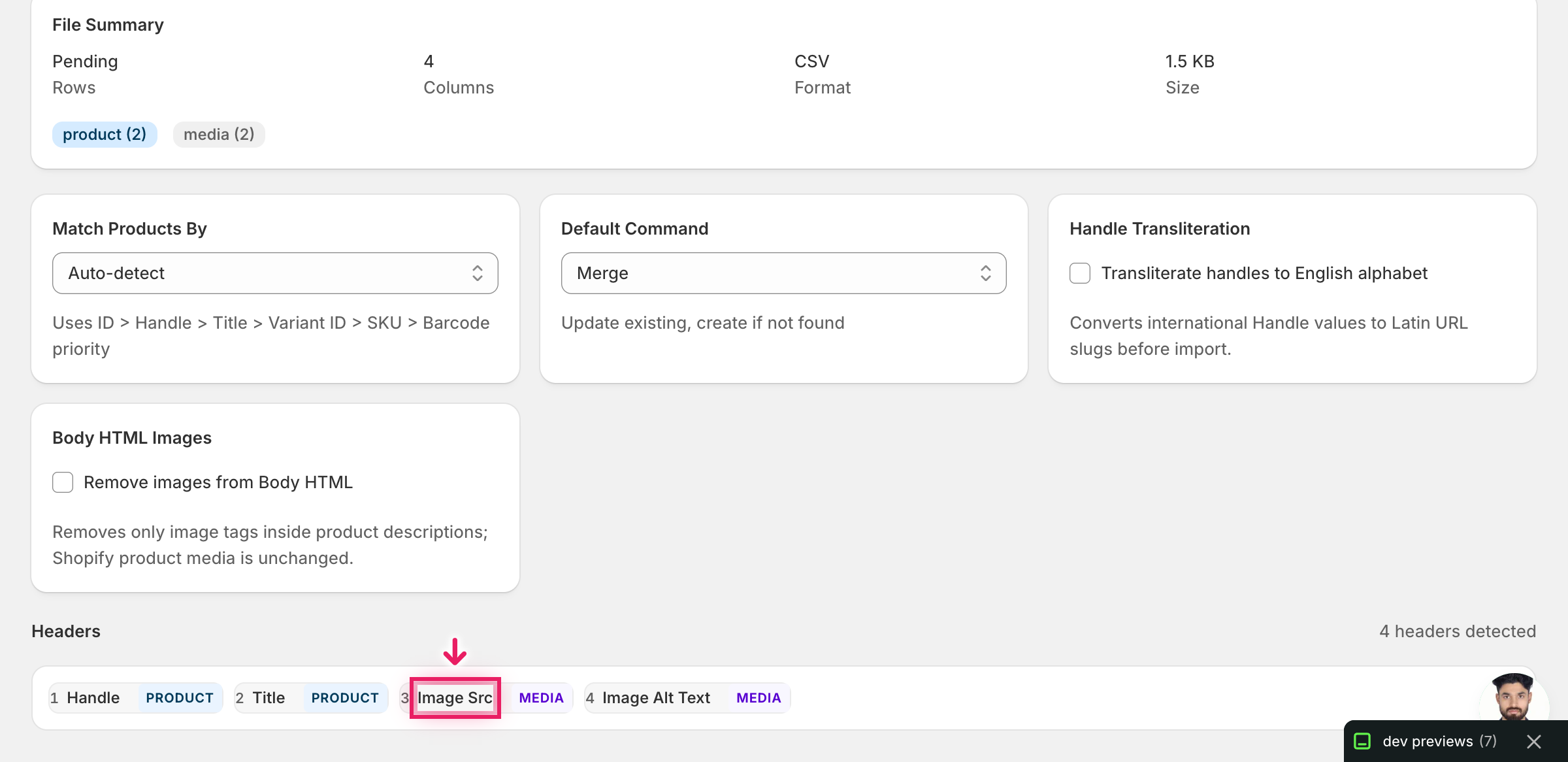 Import mapping screen showing Image Src detected as a MEDIA column with the default Merge command selected