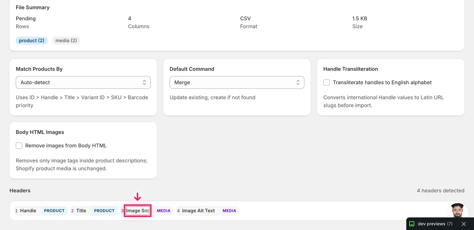 Import mapping screen showing Image Src detected as a MEDIA column with the default Merge command selected