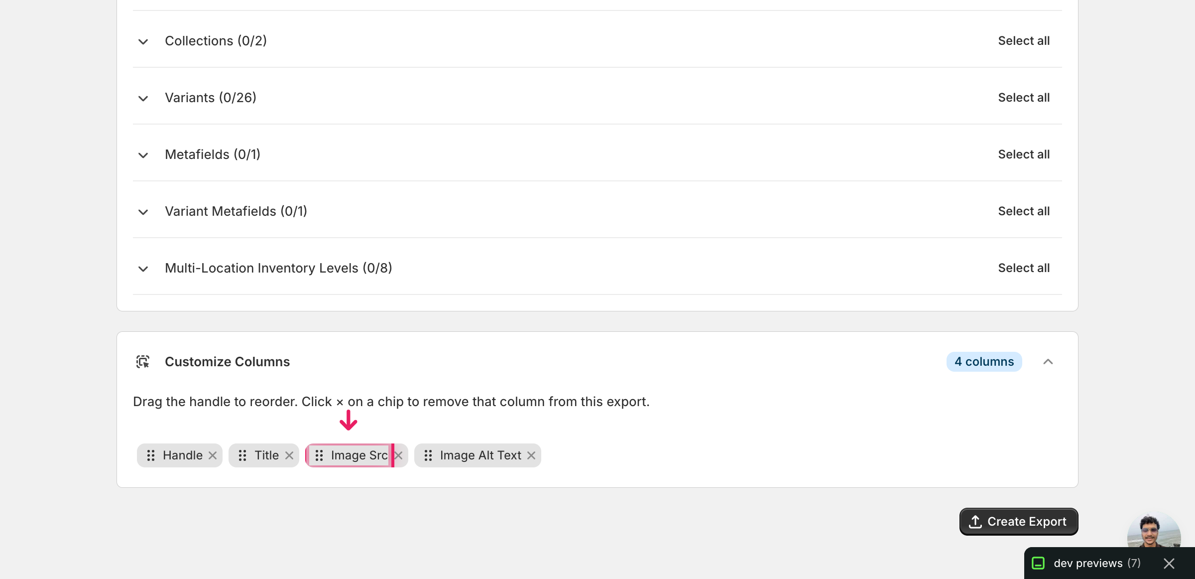 EditEngine export page showing the column selector for bulk add Shopify multiple images per product