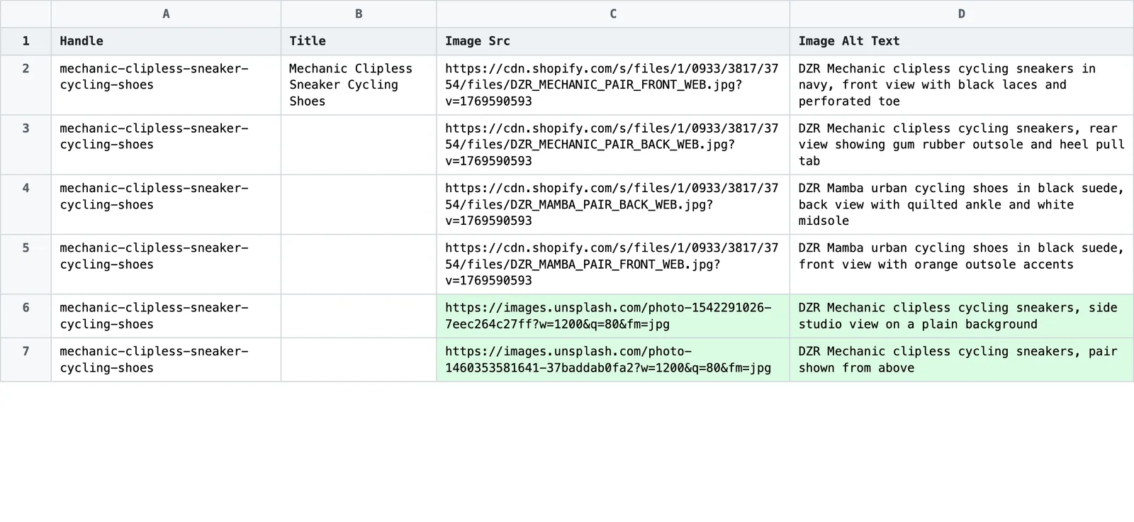 Edited spreadsheet with new Image Src rows appended under each product Handle