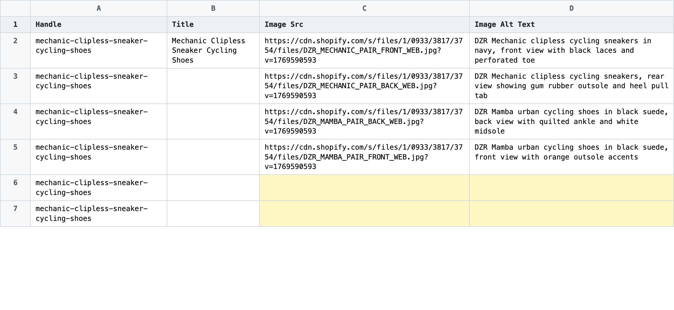 Exported spreadsheet with one row per image and the Image Src column highlighted before new rows are added