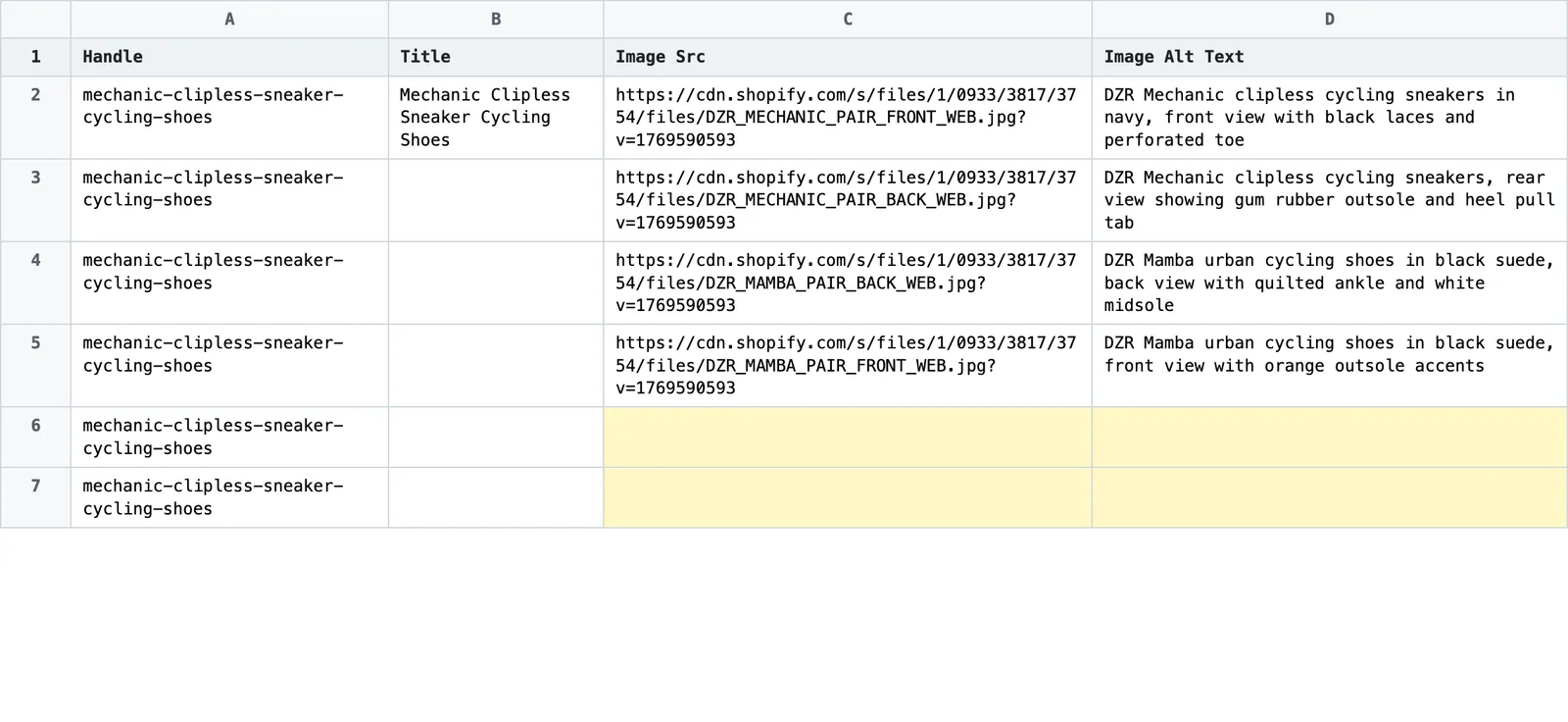 Exported spreadsheet with one row per image and the Image Src column highlighted before new rows are added