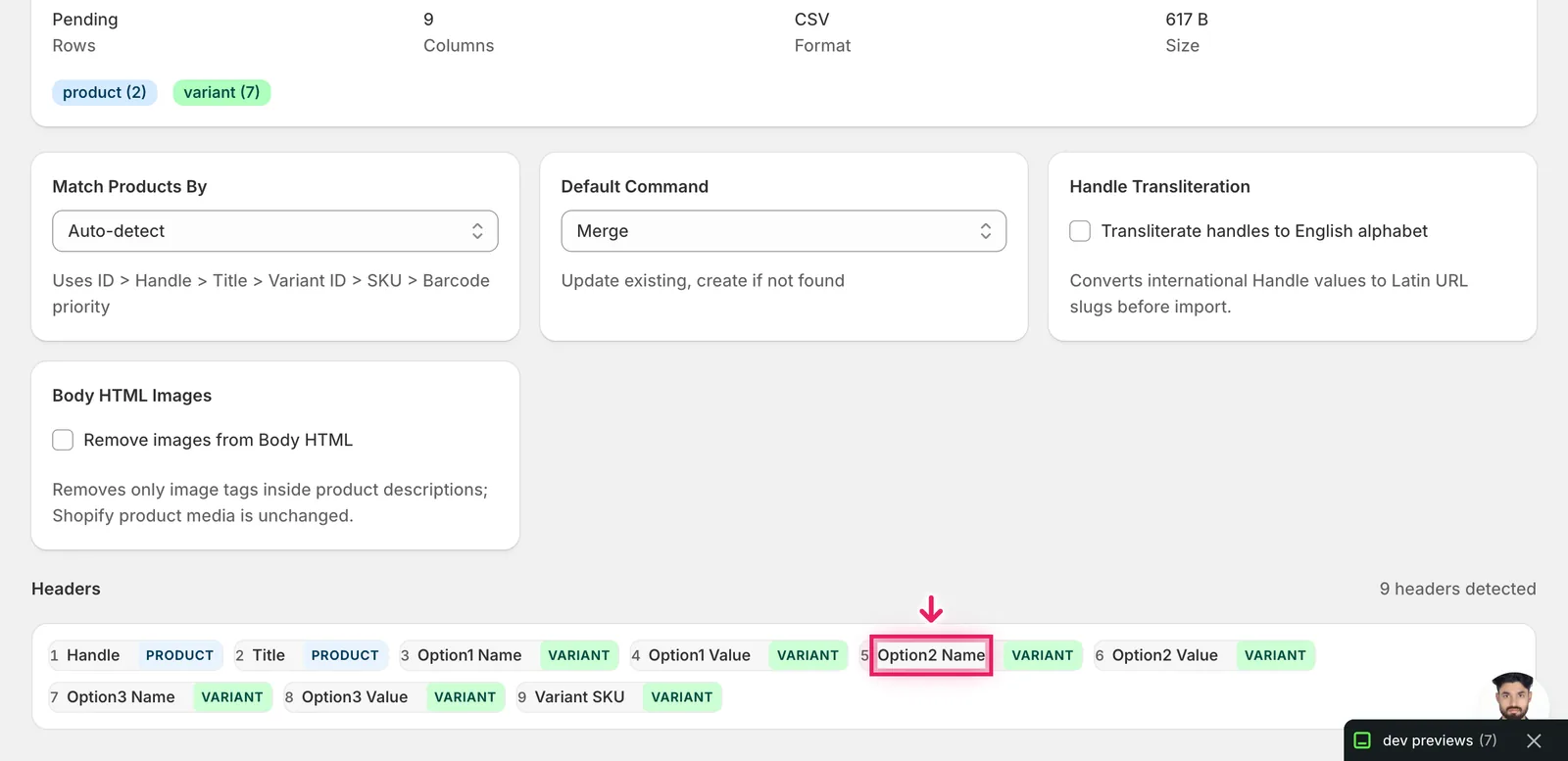 Import mapping screen showing the Option Name, Option Value, and Variant SKU columns detected