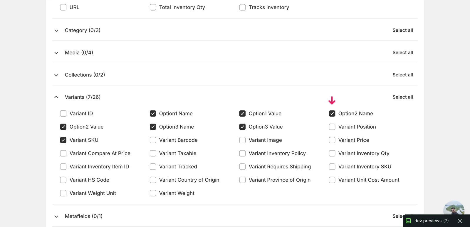 EditEngine export page showing the column selector for bulk add Shopify or remove option axes