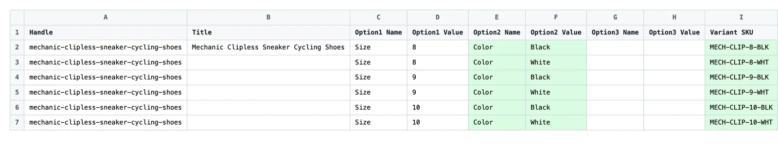 Edited spreadsheet showing the original 3 Size rows expanded to 6 rows with new Color values and per-variant SKUs