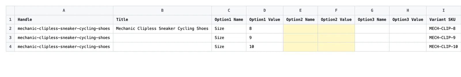 Exported spreadsheet with one row per variant and the Option2 Name column empty, highlighted