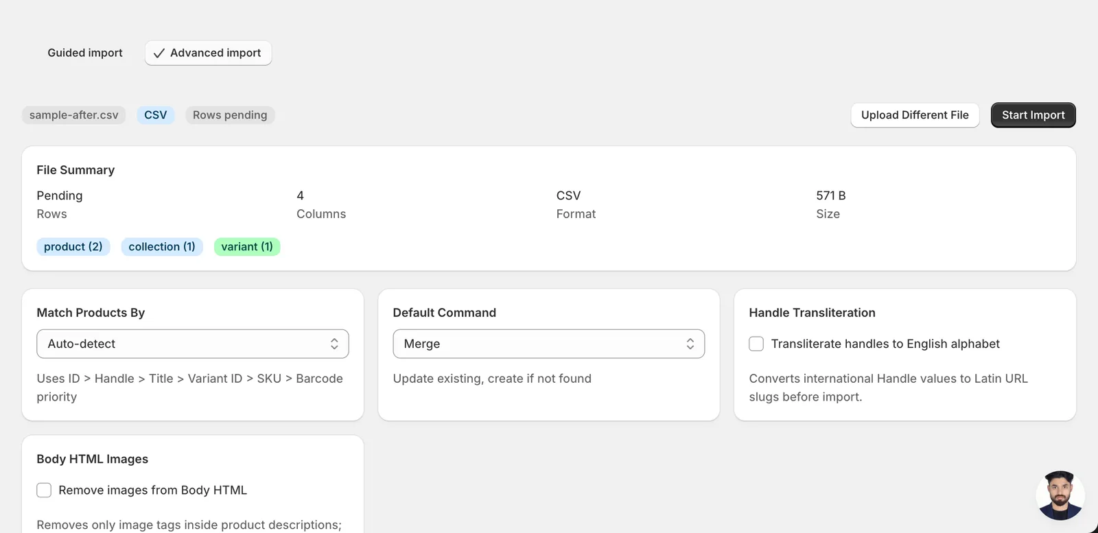 Import mapping screen showing Custom Collections detected as a COLLECTION column with Merge as the default command