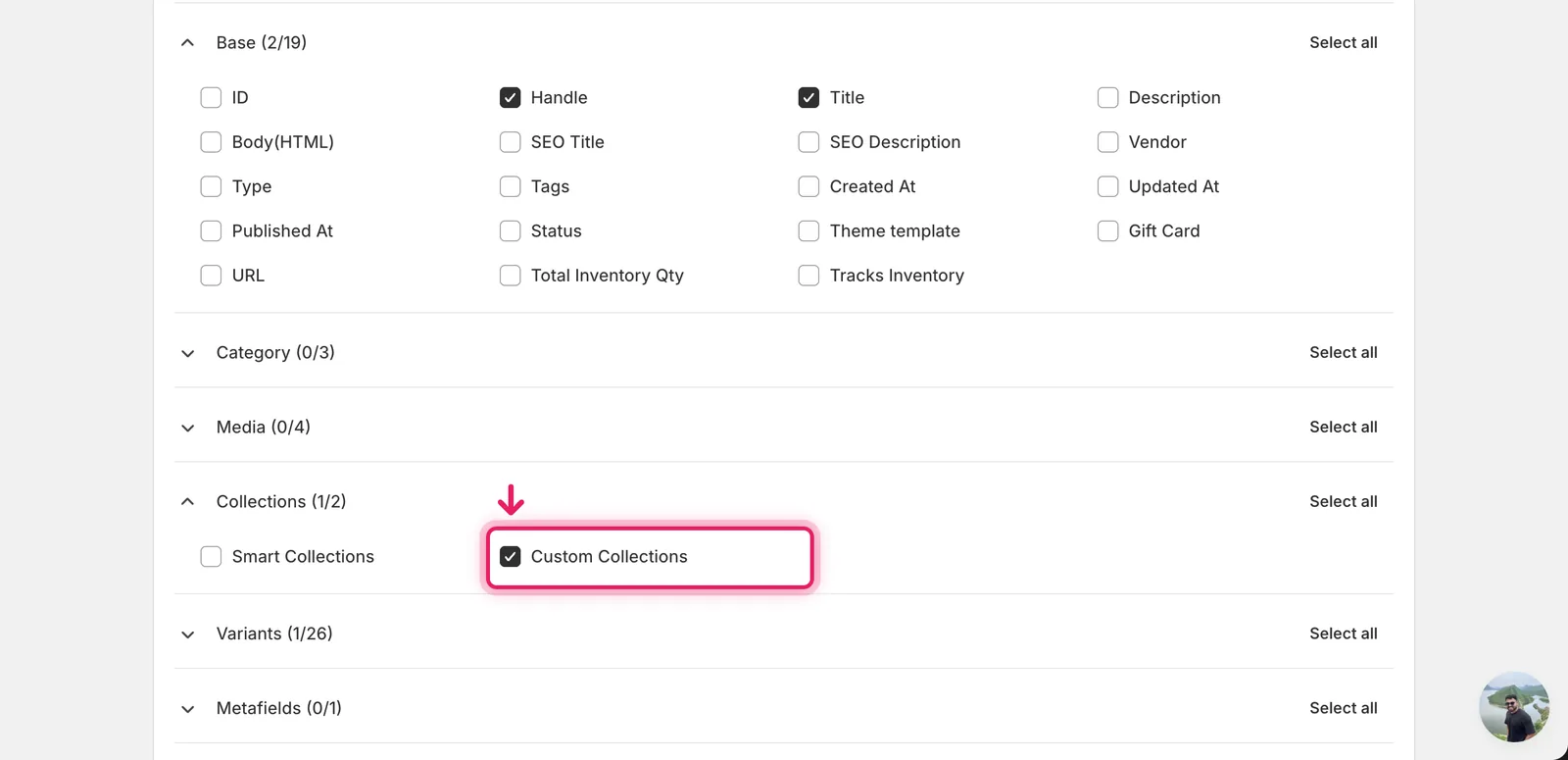 EditEngine export page showing the column selector for bulk add Shopify products to collections