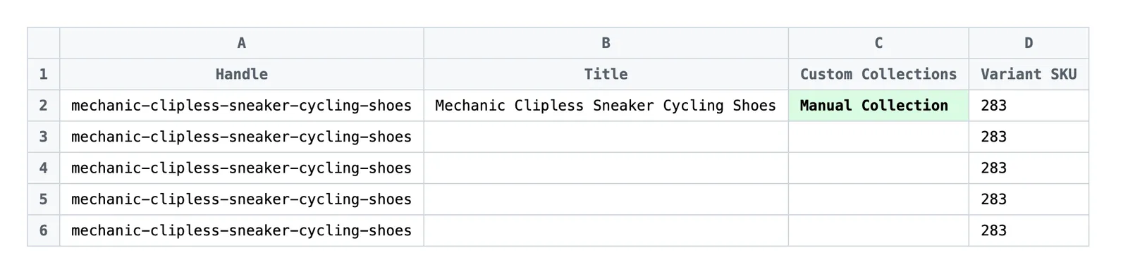 Edited spreadsheet with the Manual Collection title appended to the Custom Collections cell