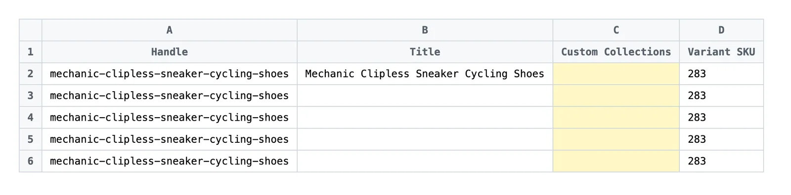 Exported spreadsheet with the Custom Collections column highlighted on the top row of each product
