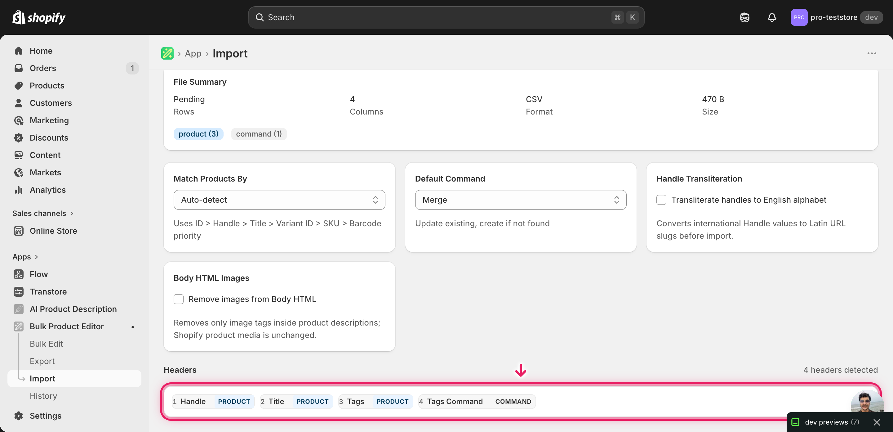 Import mapping screen showing Tags Command detected as a command column and Tags mapped to the product tag list