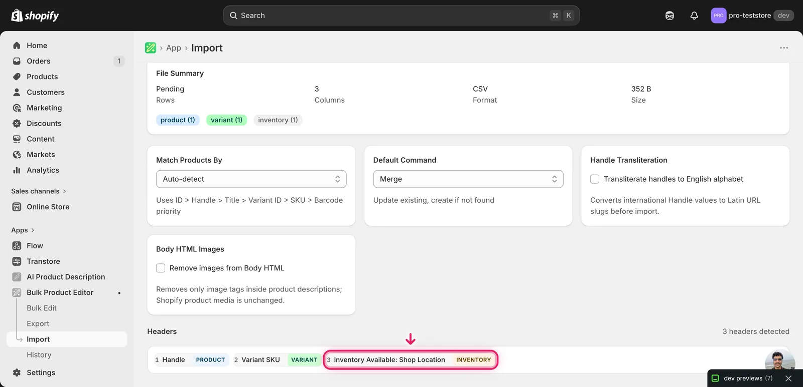 Import mapping screen showing each Inventory Available column detected as an INVENTORY column tied to a Shopify location