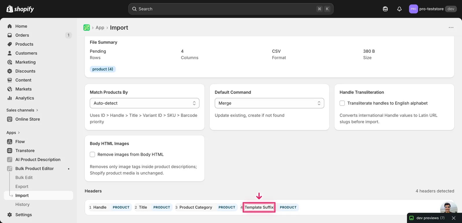 Import mapping screen showing Template Suffix detected as a PRODUCT column