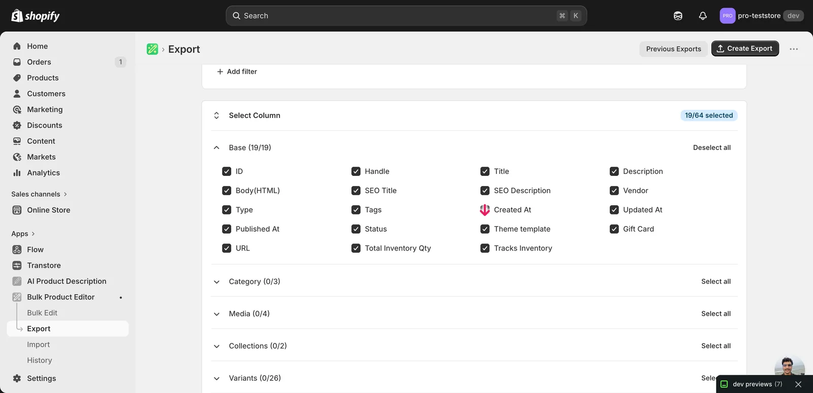 EditEngine export page showing the column selector for bulk assign Shopify different theme templates to different product subsets