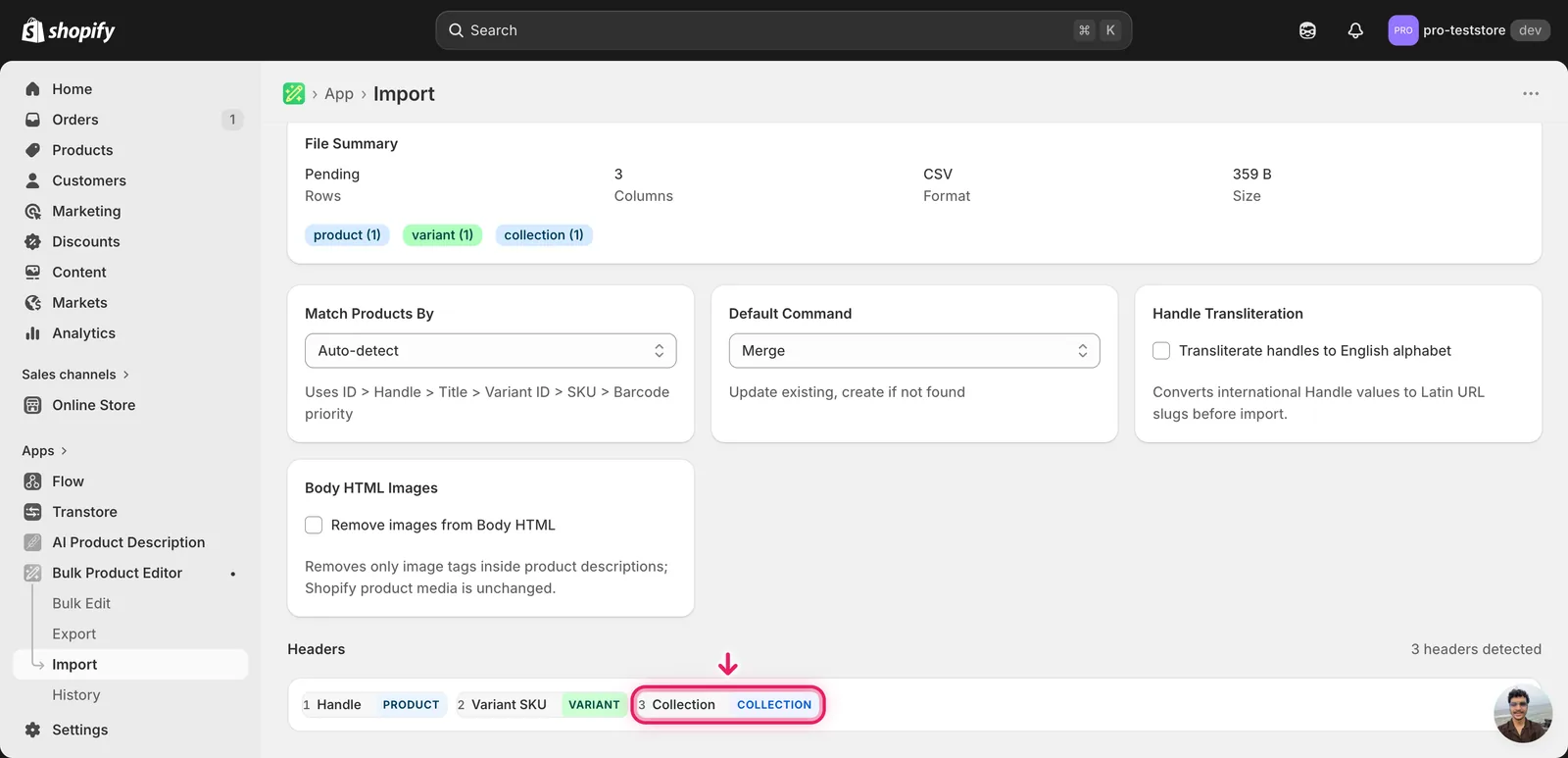 Import mapping screen showing the Collection column detected as a collection membership field