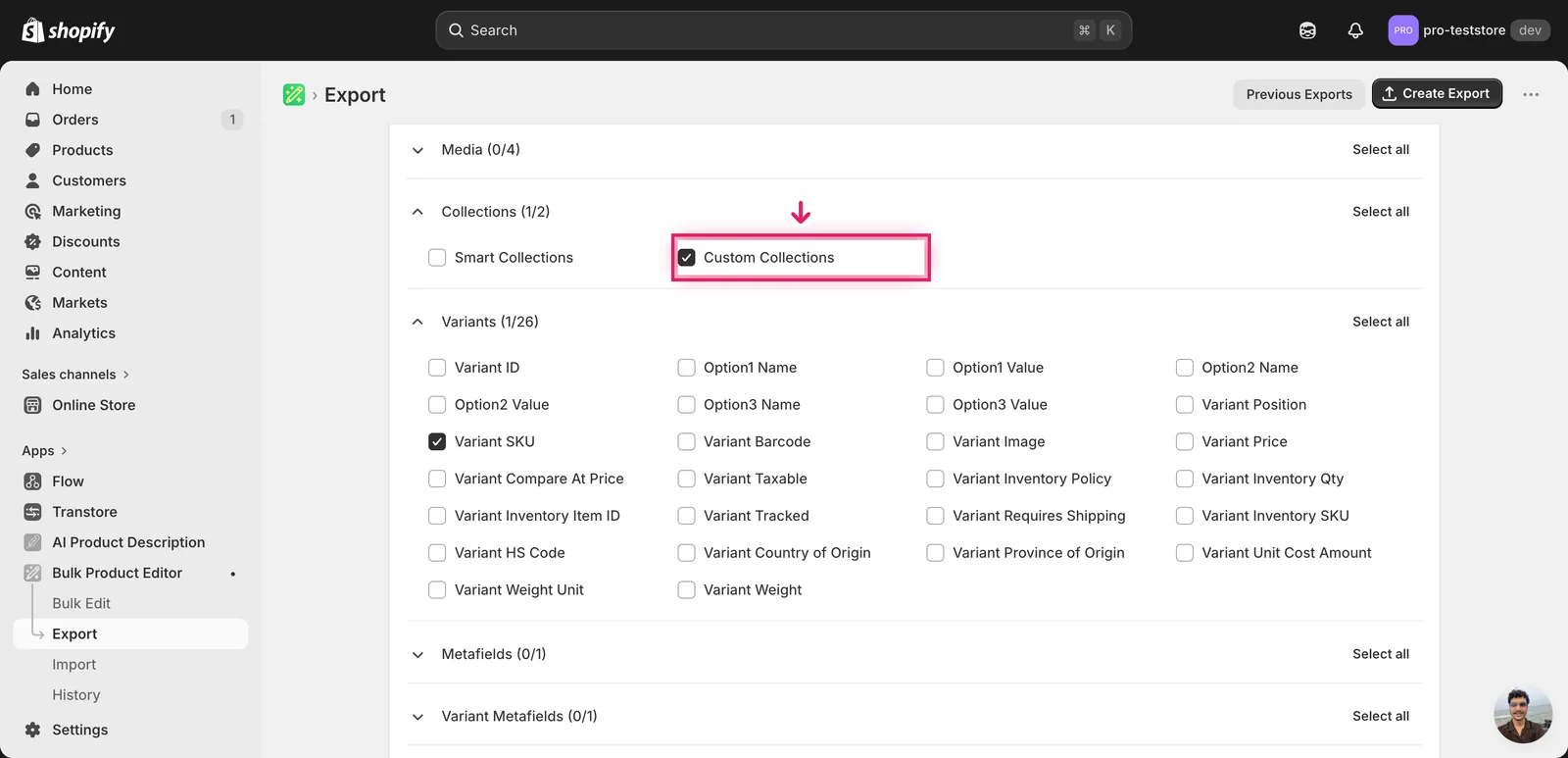 EditEngine export page showing the column selector for bulk update Shopify new collections from the csv