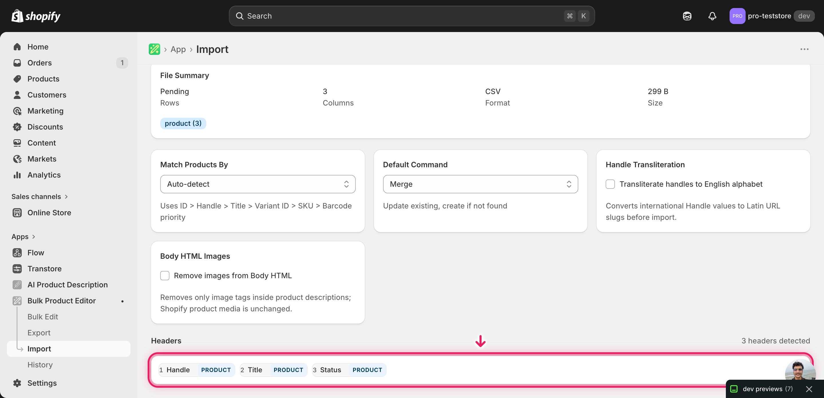Import mapping screen showing the Status column detected and mapped to the product Status field