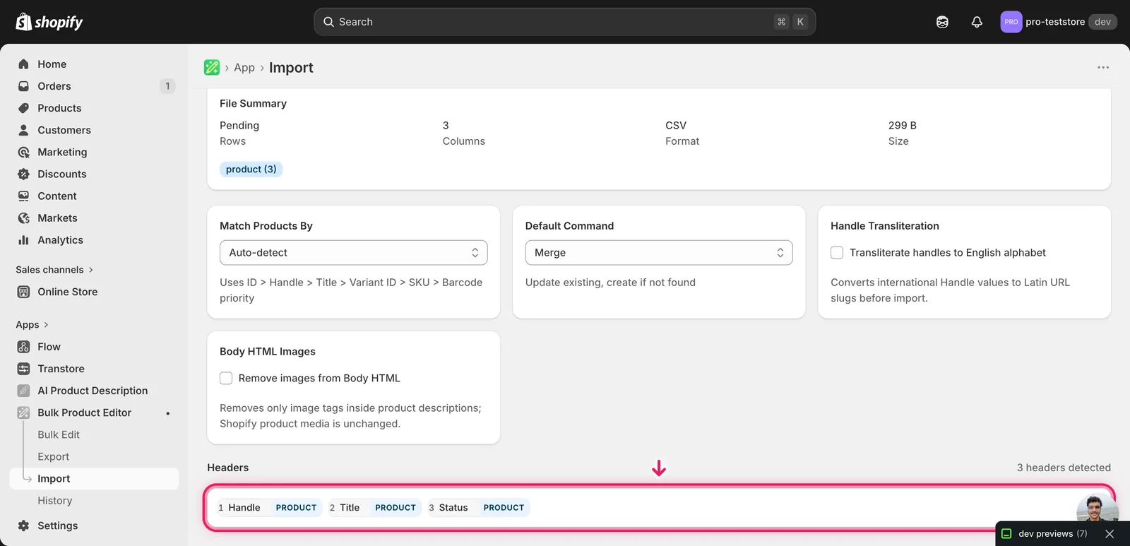 Import mapping screen showing the Status column detected and mapped to the product Status field