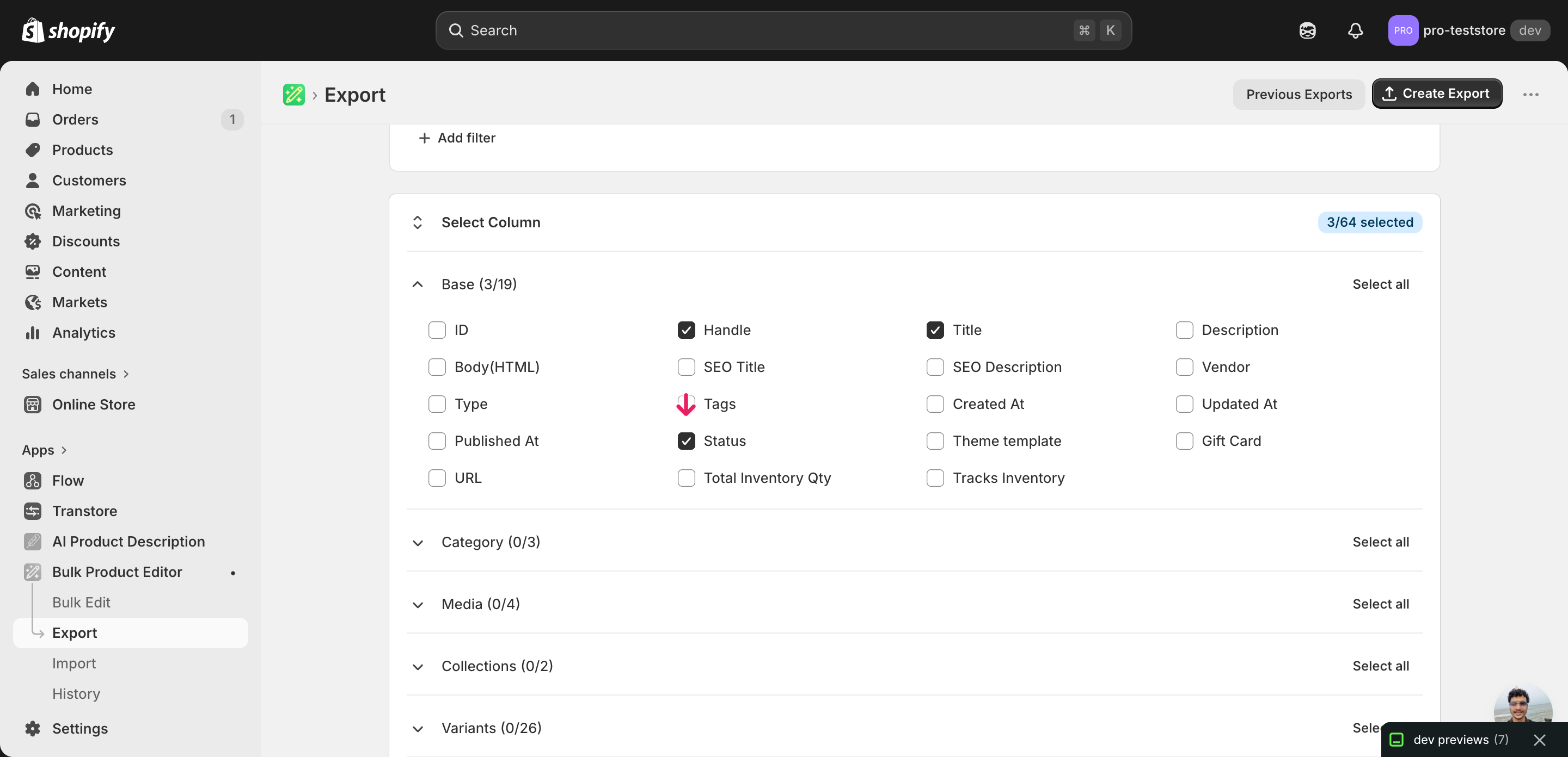 EditEngine Bulk Product Editor export page showing the column selector for bulk change Shopify status (active / draft / archived) per product