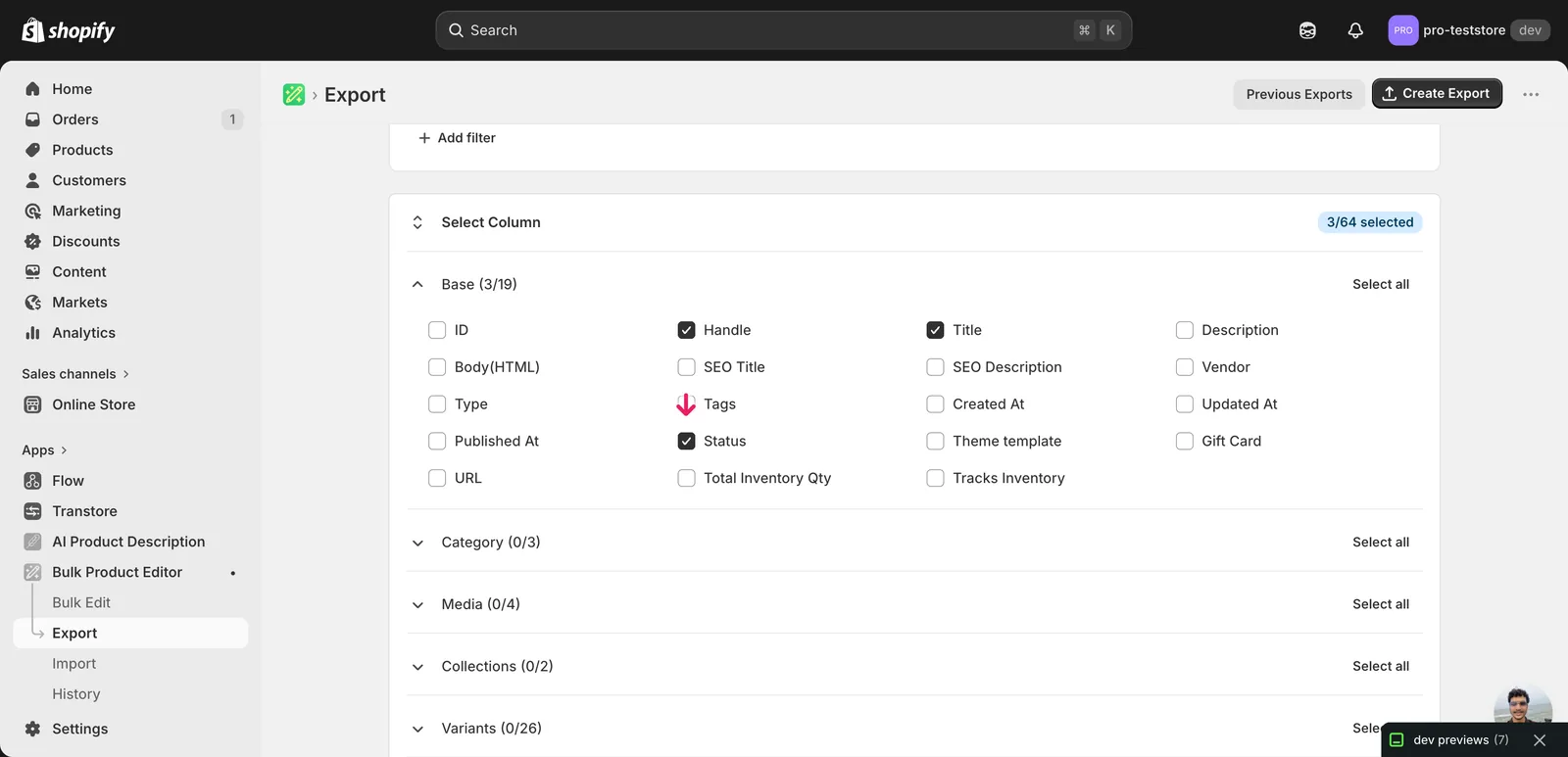 EditEngine Bulk Product Editor export page showing the column selector for bulk change Shopify status (active / draft / archived) per product