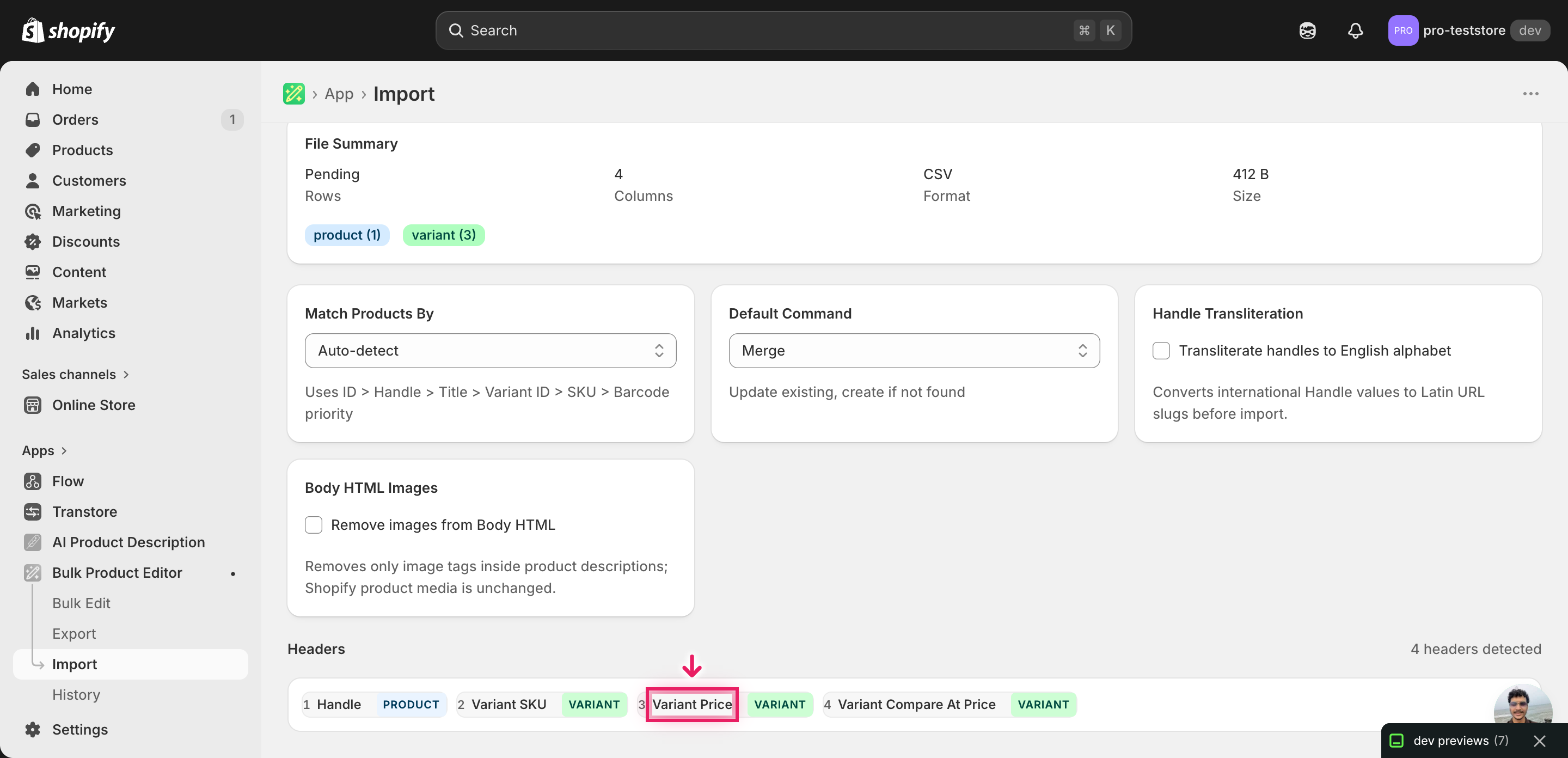 Import mapping screen showing Variant Price detected as a VARIANT column
