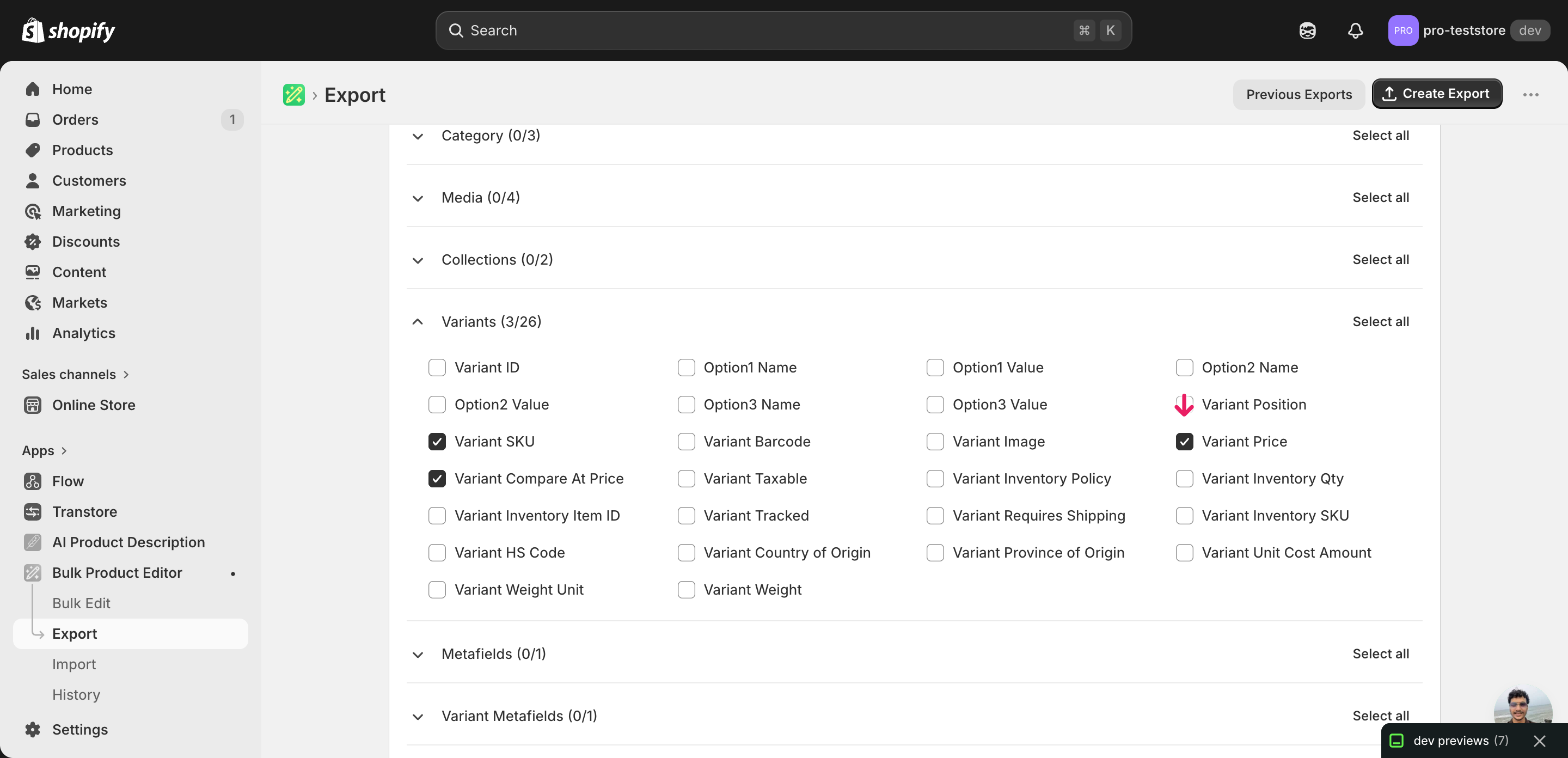 EditEngine export page showing the column selector for bulk update Shopify prices for a new currency / market