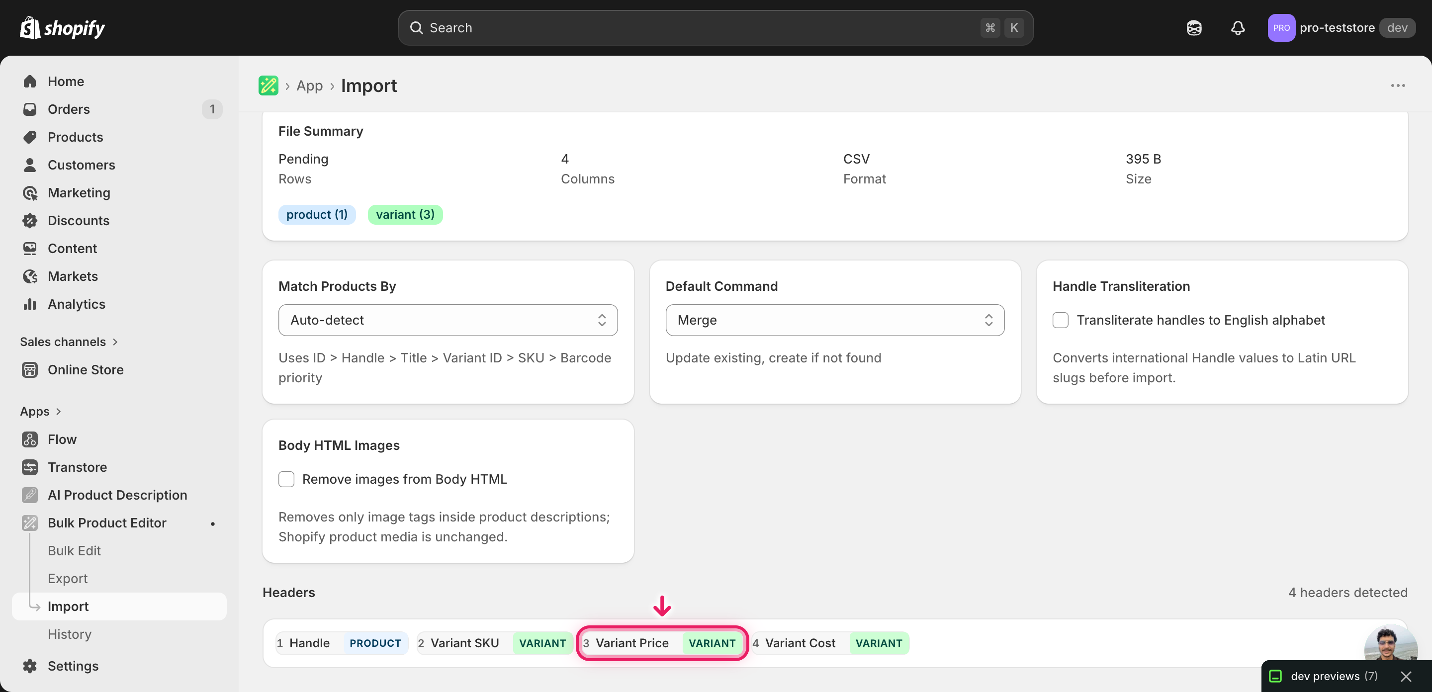 Import mapping screen showing Variant Price detected and Handle plus Variant SKU set as matching keys