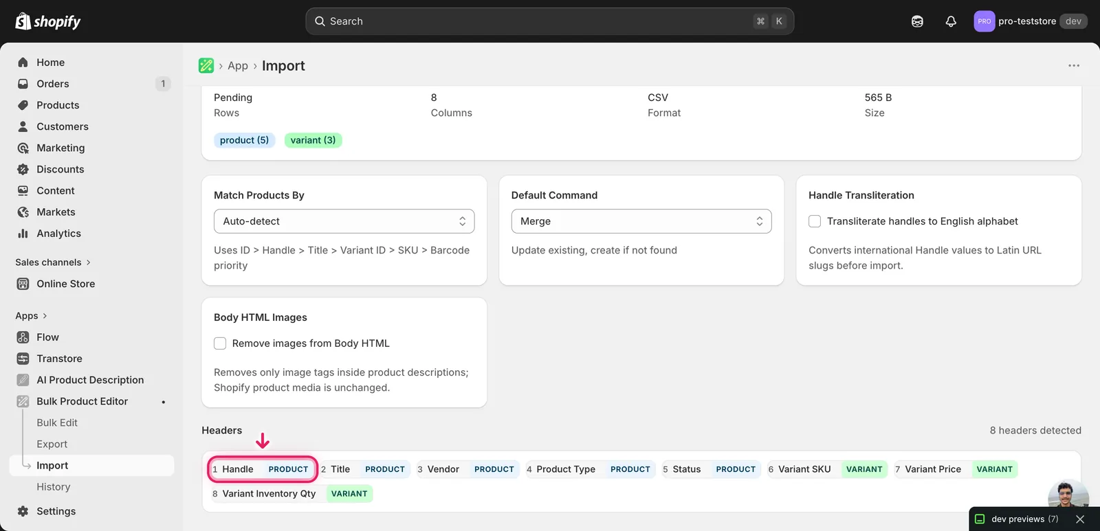 Import mapping screen with Default Command set to NEW and Match Products By set to Handle