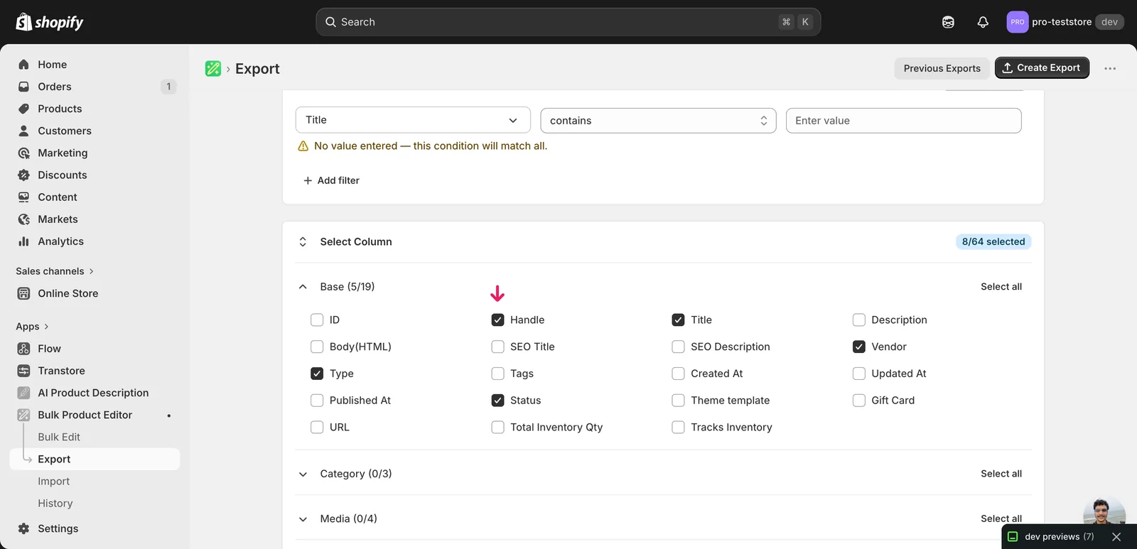 EditEngine export page showing the column selector for bulk create Shopify new products from a spreadsheet