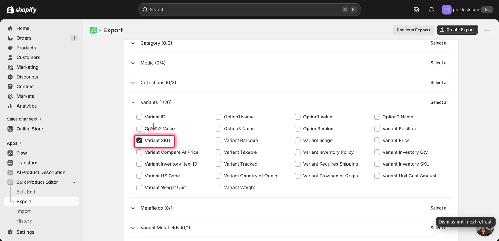 EditEngine export page showing the column selector for bulk delete Shopify products by sku / handle / barcode