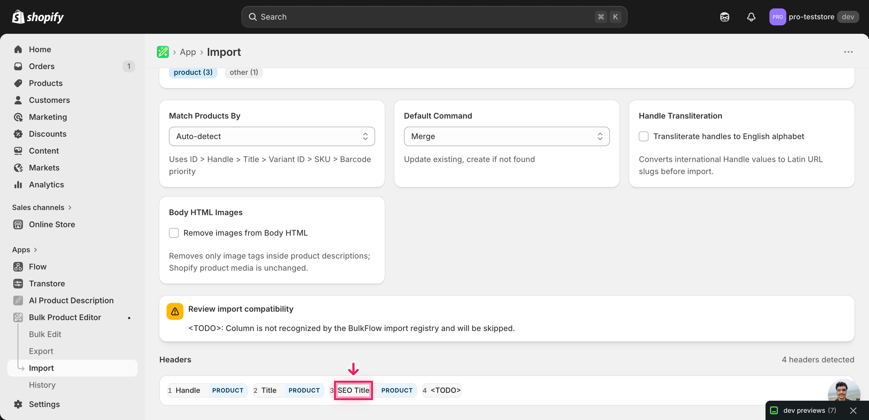 Import mapping screen showing Handle as the match key and SEO Title detected as an SEO column