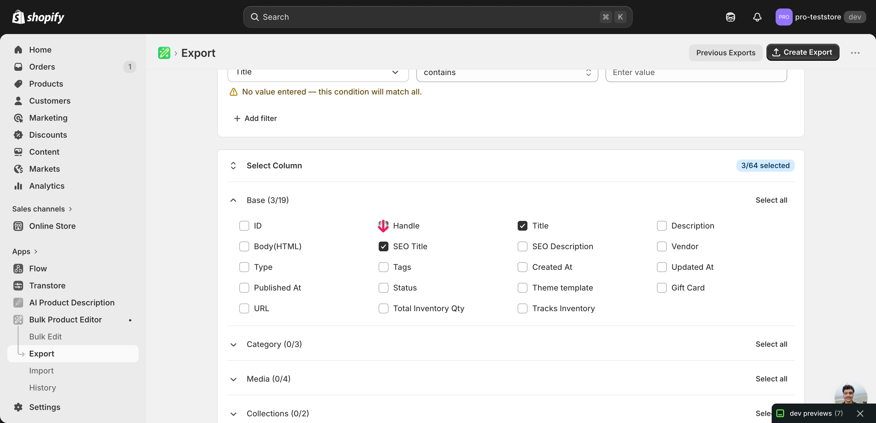 EditEngine Bulk Product Editor export page showing the column selector for bulk fix Shopify duplicate seo titles across catalog