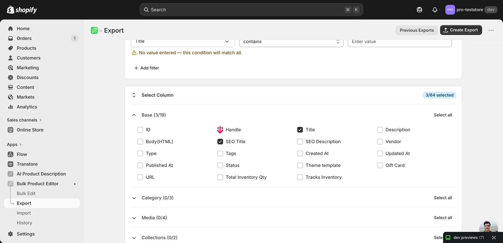 EditEngine Bulk Product Editor export page showing the column selector for bulk fix Shopify duplicate seo titles across catalog