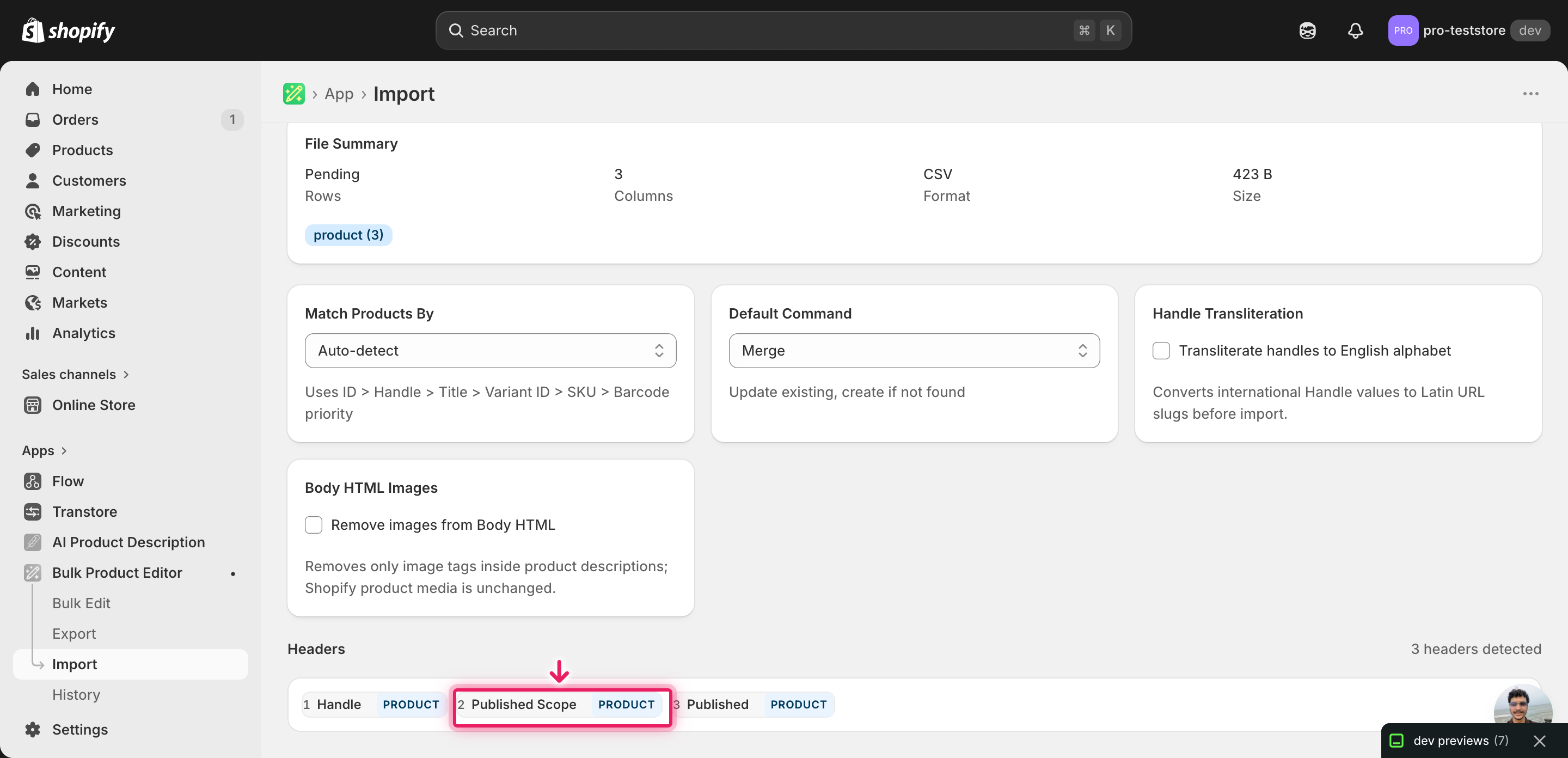 Import mapping screen showing Published Scope detected as the publication column