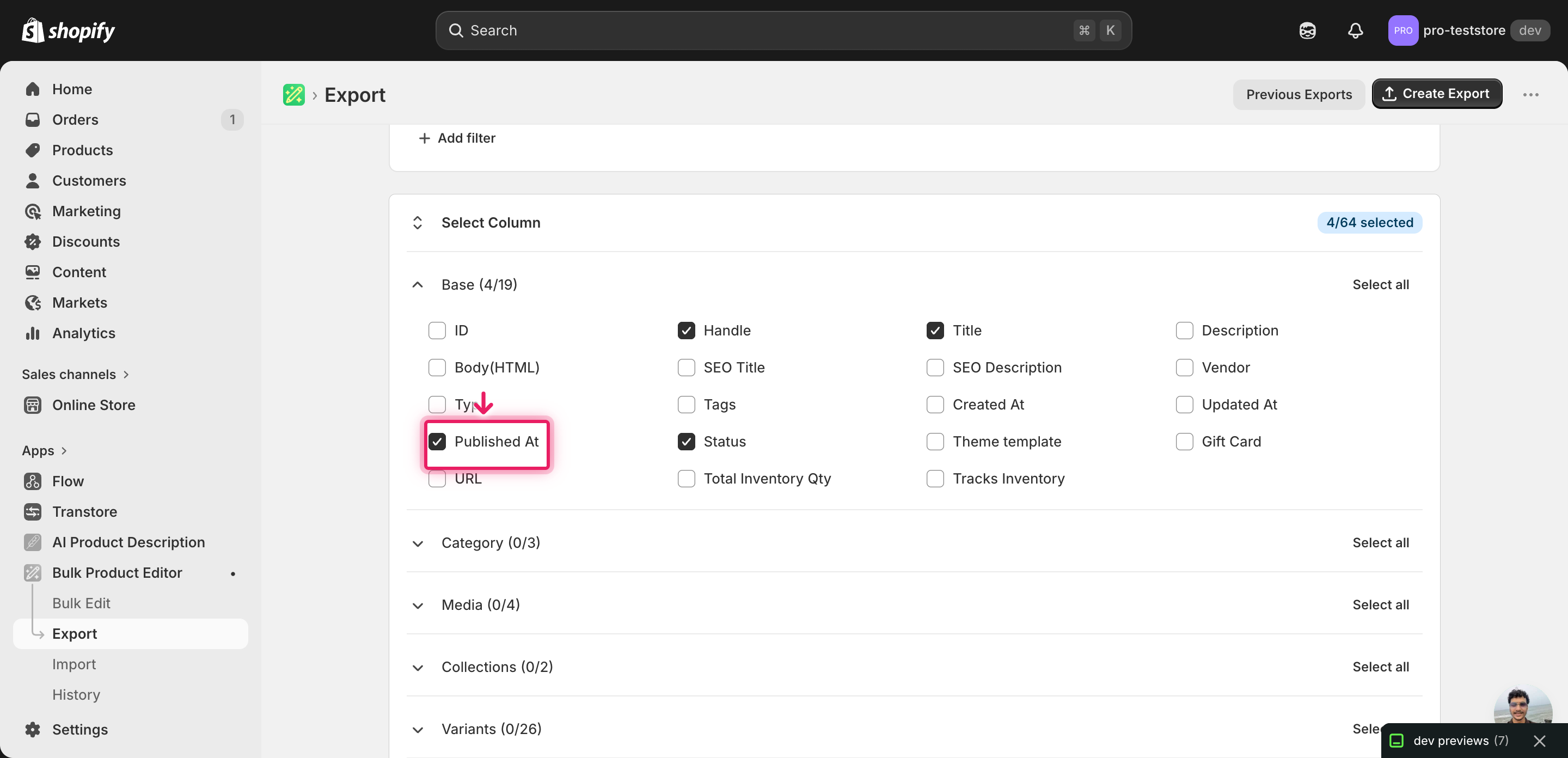 EditEngine export page showing the column selector for bulk publish/unpublish Shopify to multiple sales channels per row