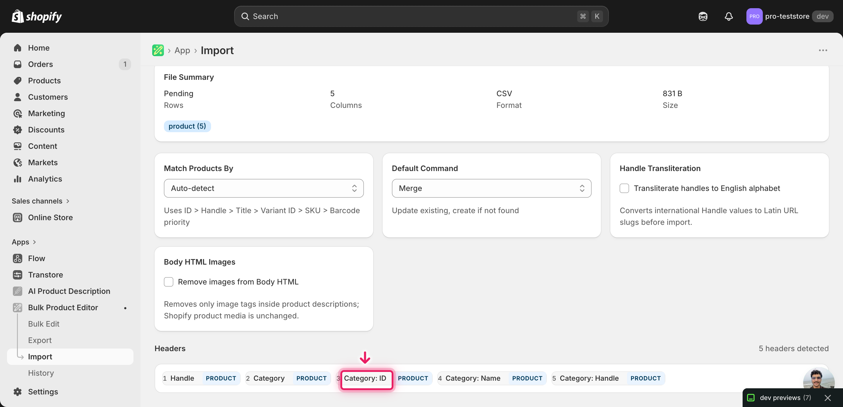 Import mapping screen showing Category: ID detected and mapped to the standard category field