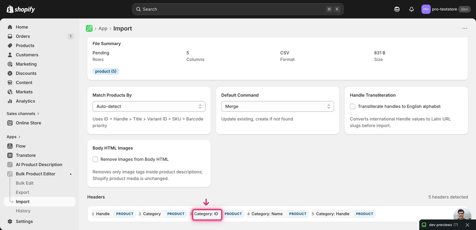 Import mapping screen showing Category: ID detected and mapped to the standard category field