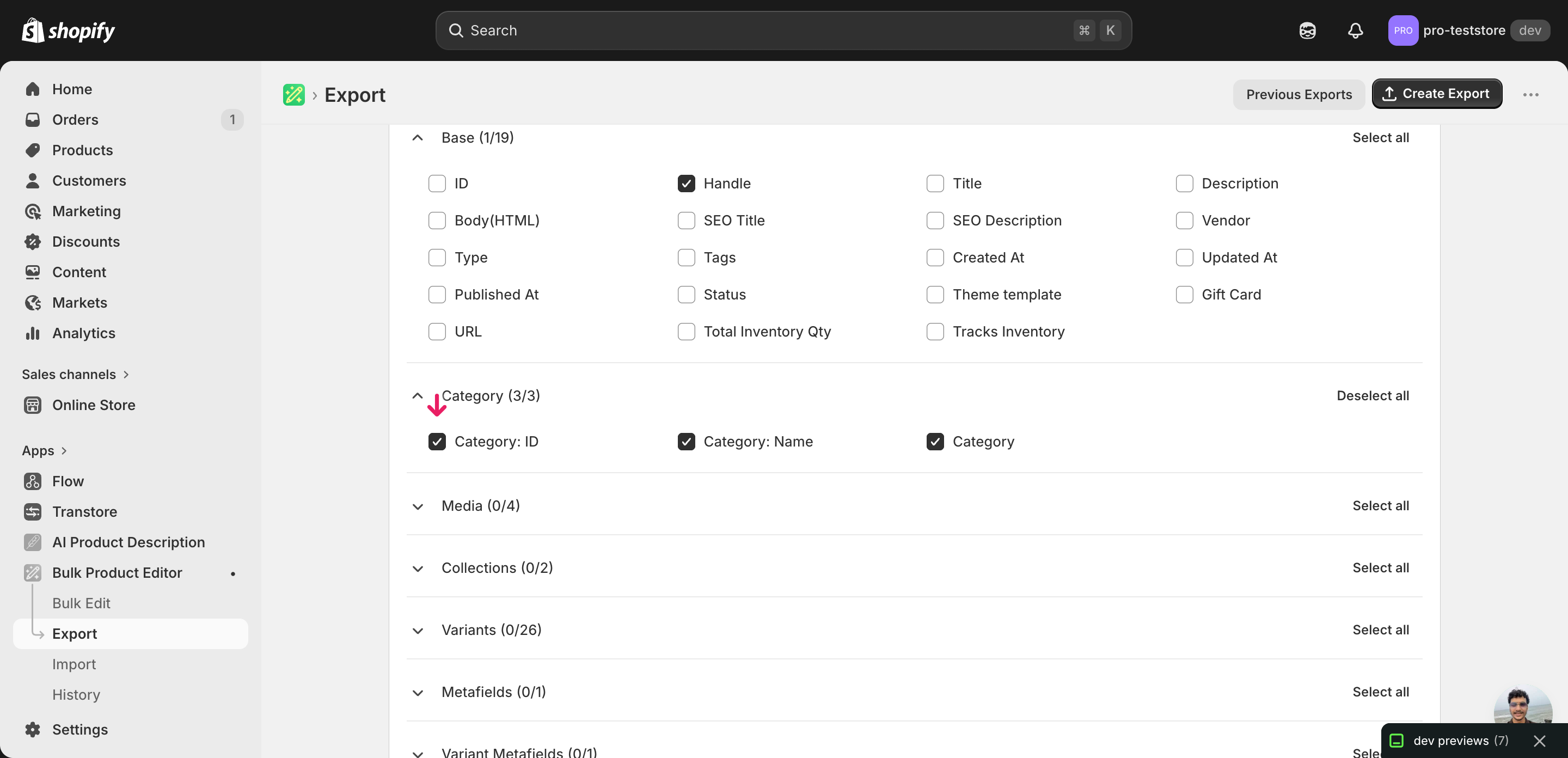 EditEngine export page showing the column selector for bulk reassign Shopify standard categories