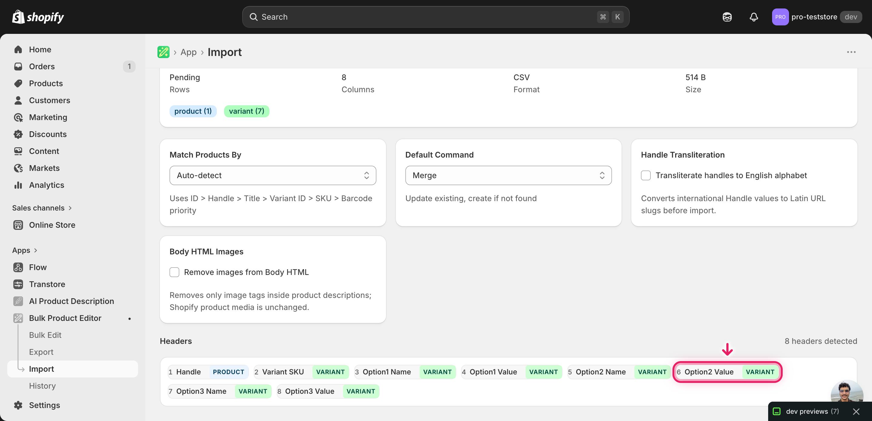 Import mapping screen showing Option1 Value detected alongside Handle and Variant SKU