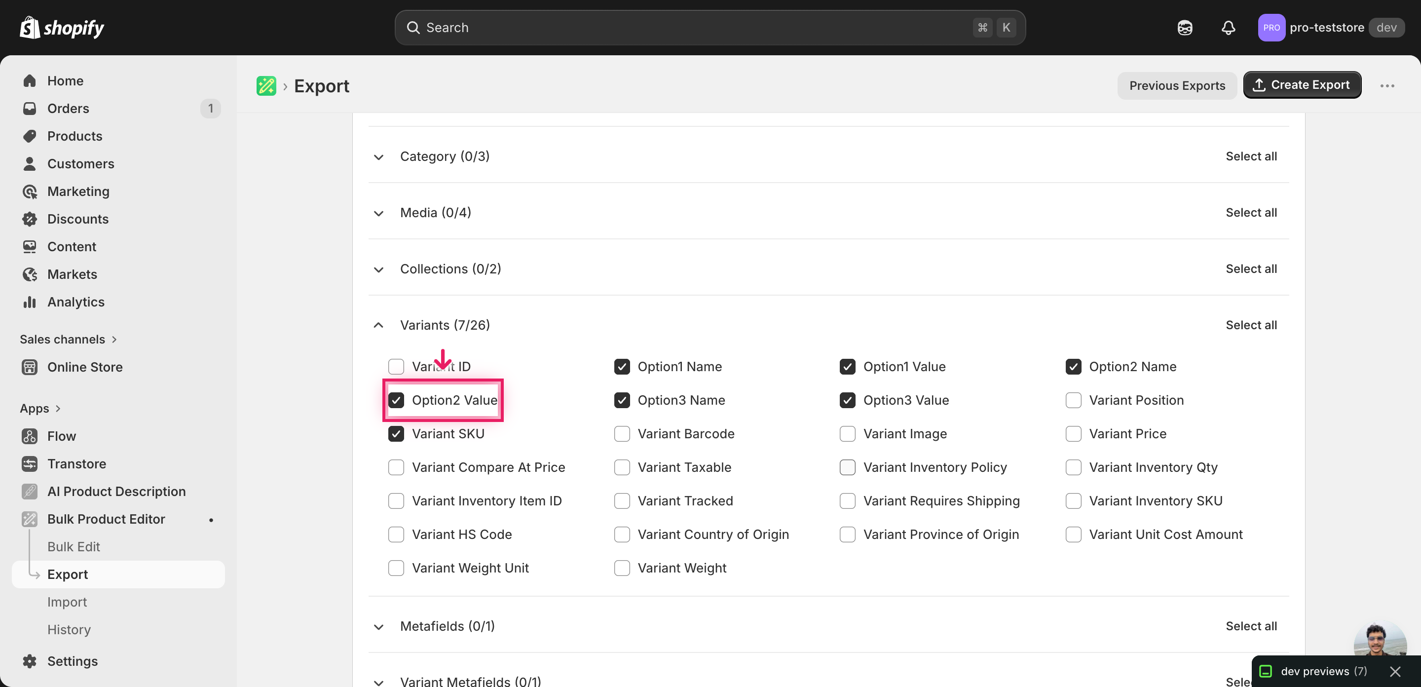 EditEngine export page showing the column selector for bulk rename Shopify option values across products