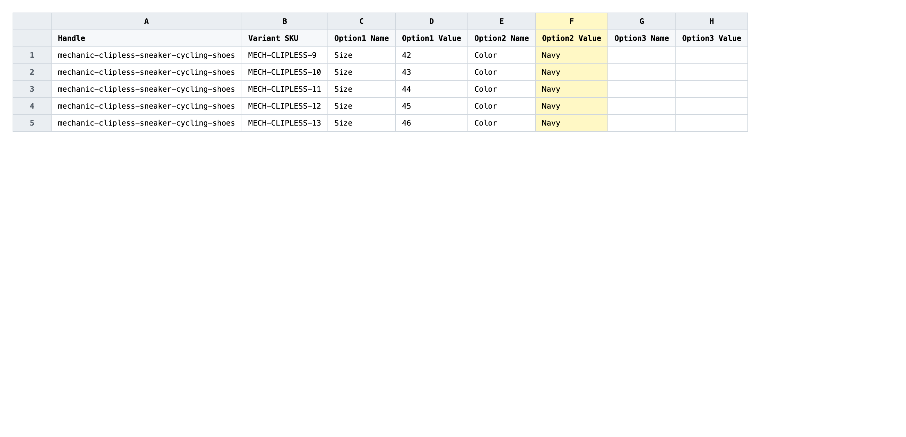 Exported spreadsheet with one row per variant and the Option1 Value column highlighted