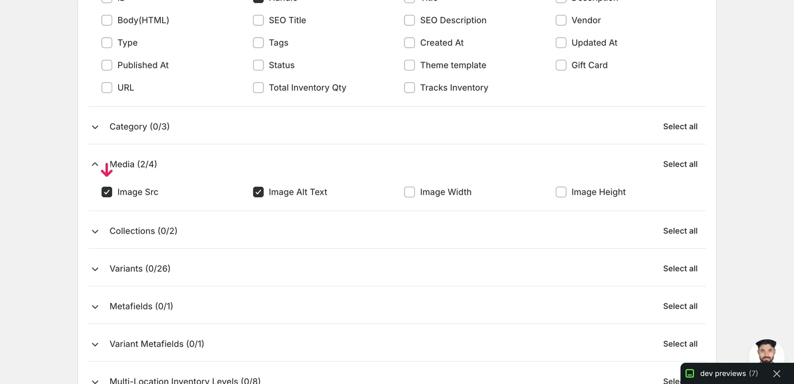 EditEngine export page showing the column selector for bulk reorder Shopify product images