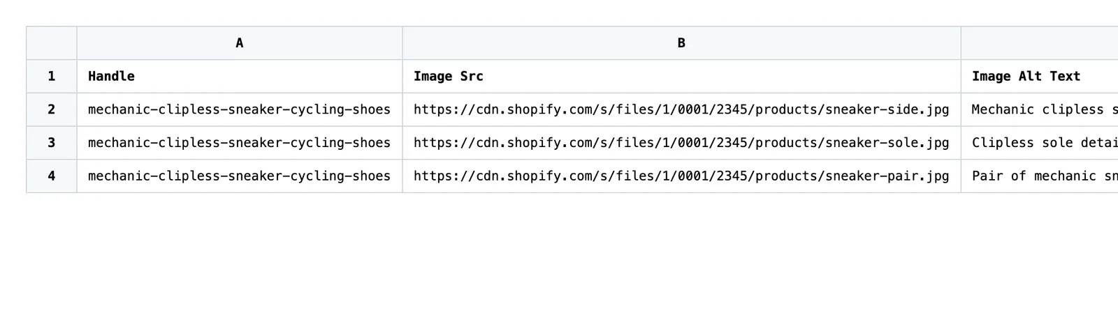 Exported spreadsheet with one row per image and the Image Src column highlighted