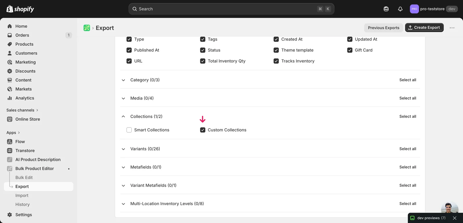 EditEngine export page showing the column selector for bulk reorganize Shopify products across many collections in one import