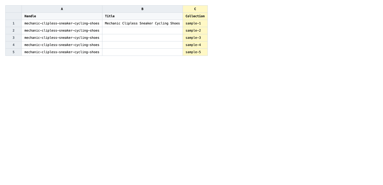 Exported spreadsheet with one row per product and the Collection column highlighted