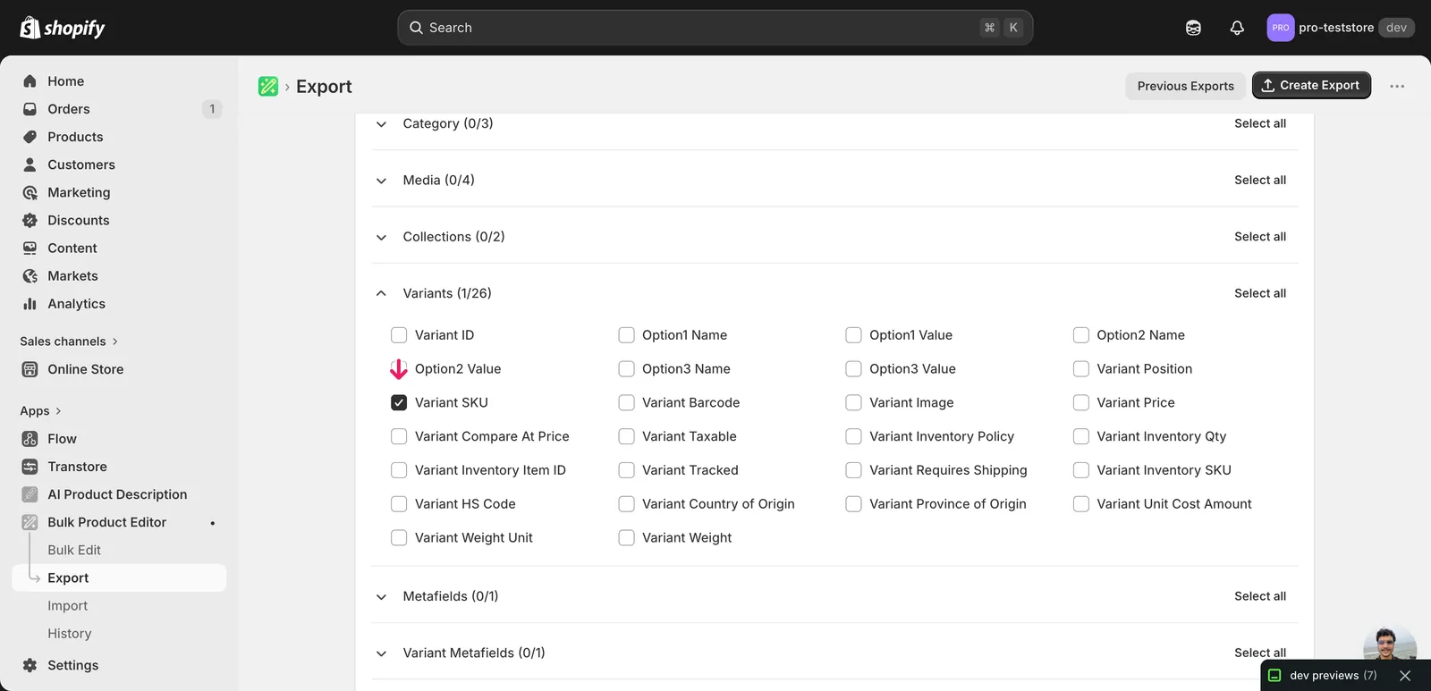 EditEngine export page showing the column selector for bulk replace Shopify entire product records