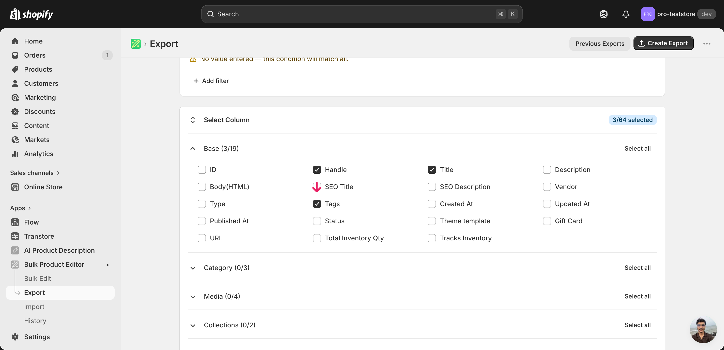 EditEngine export page showing the column selector for bulk replace Shopify tags per product