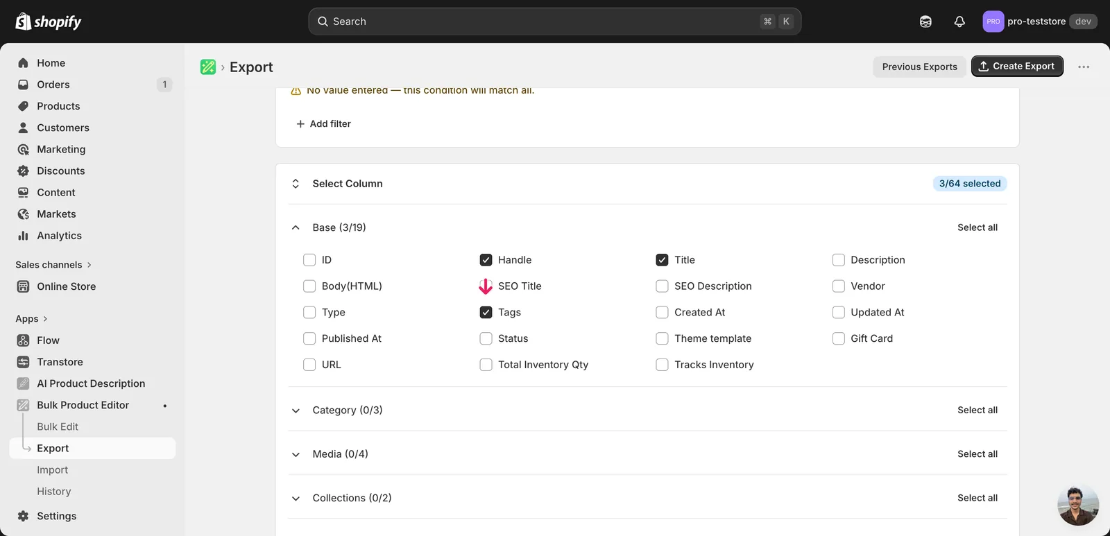 EditEngine export page showing the column selector for bulk replace Shopify tags per product