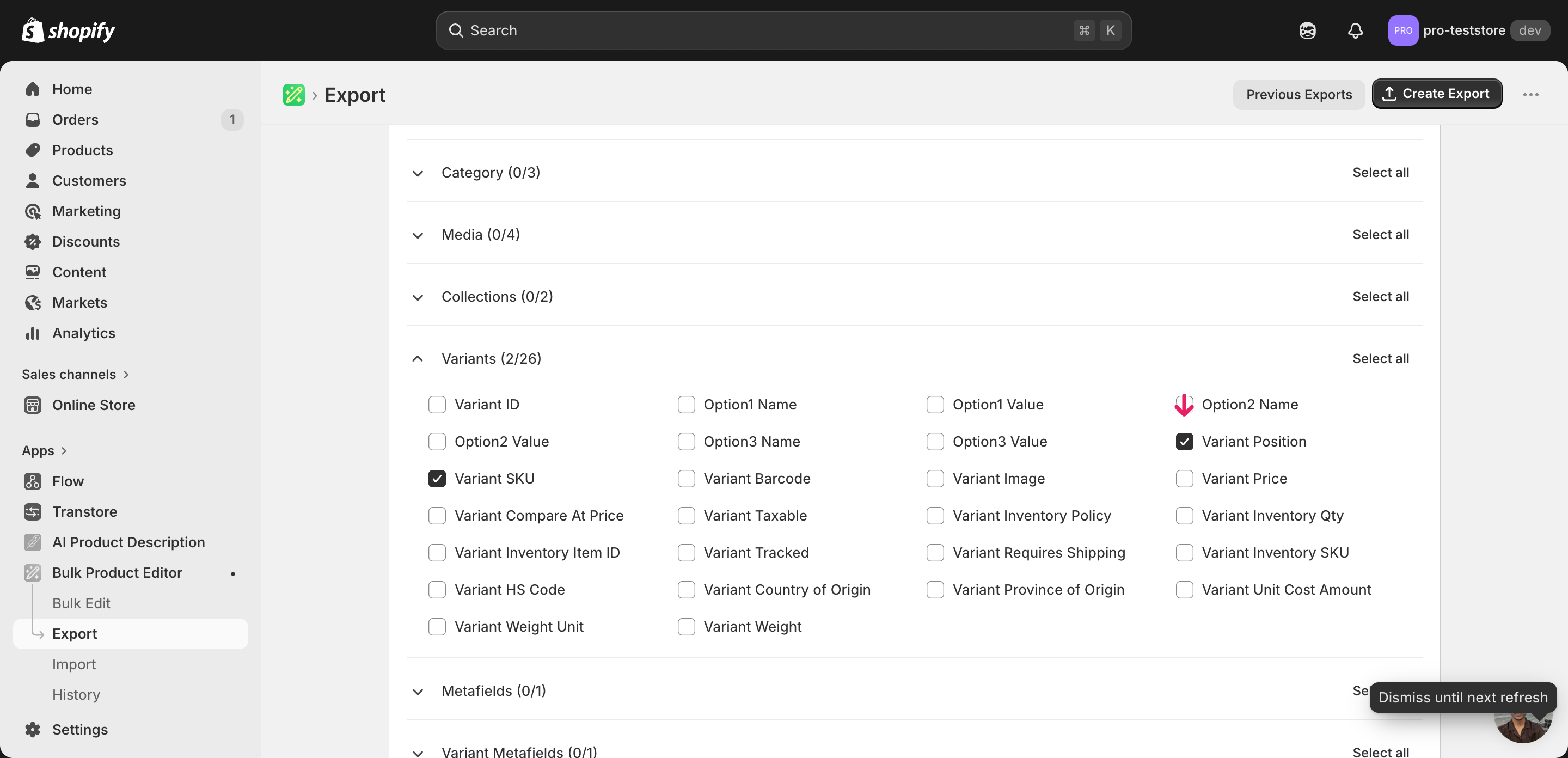 EditEngine export page showing the column selector for bulk reposition Shopify variants