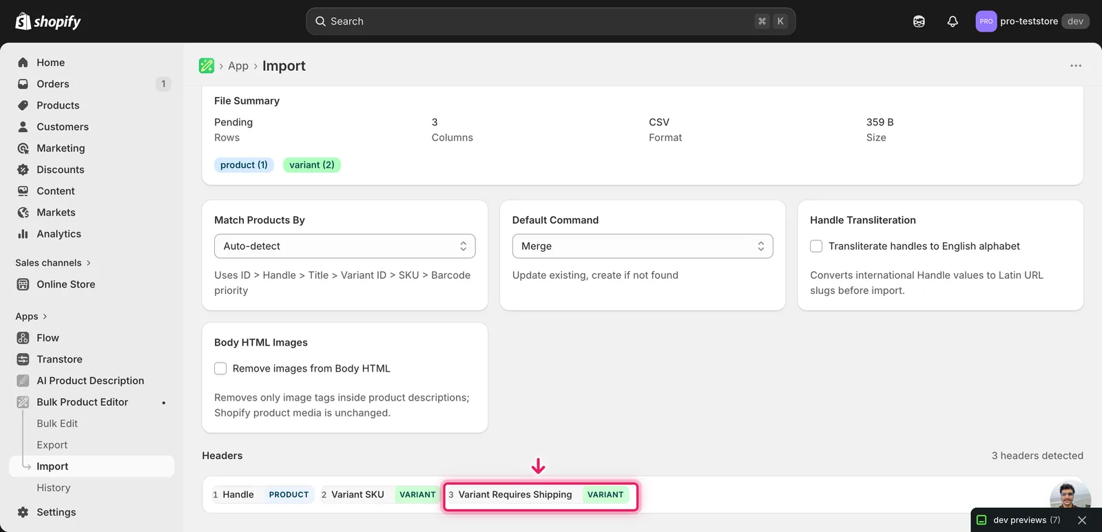Import mapping screen showing Variant Requires Shipping detected as a VARIANT column